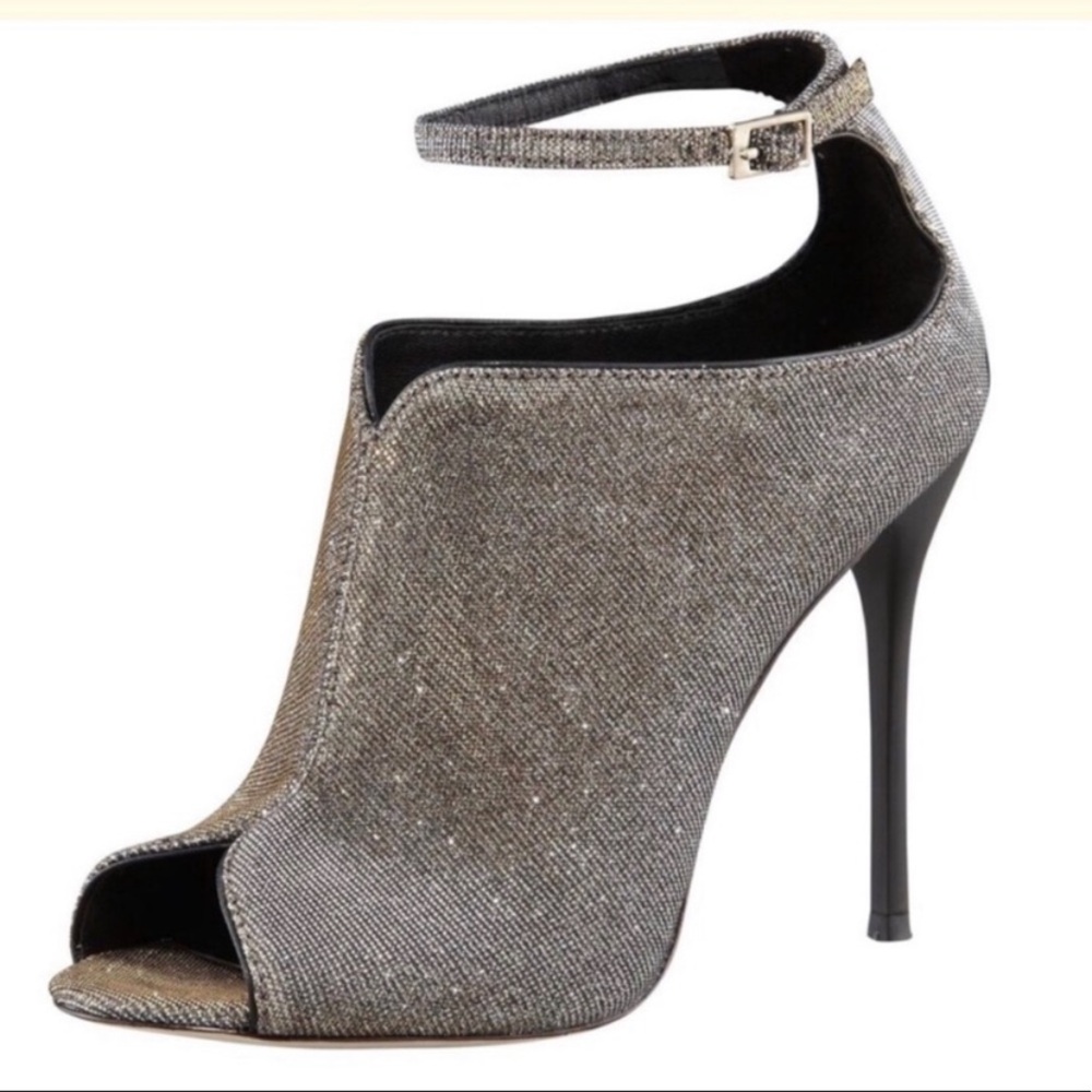 Brian Atwood silver black Metallic ankle strap sandals